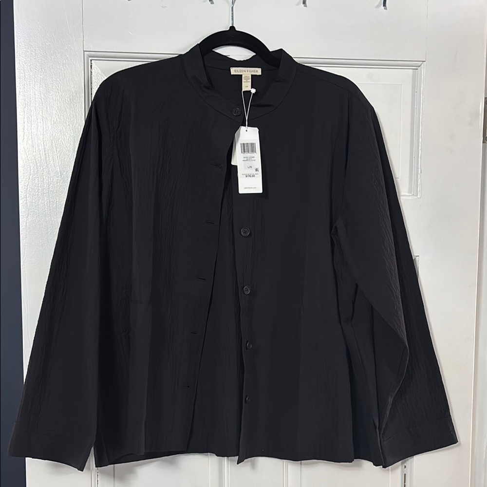 Eileen Fisher Black Lightweight Shirt Jacket with Stand-Up Collar L NWT